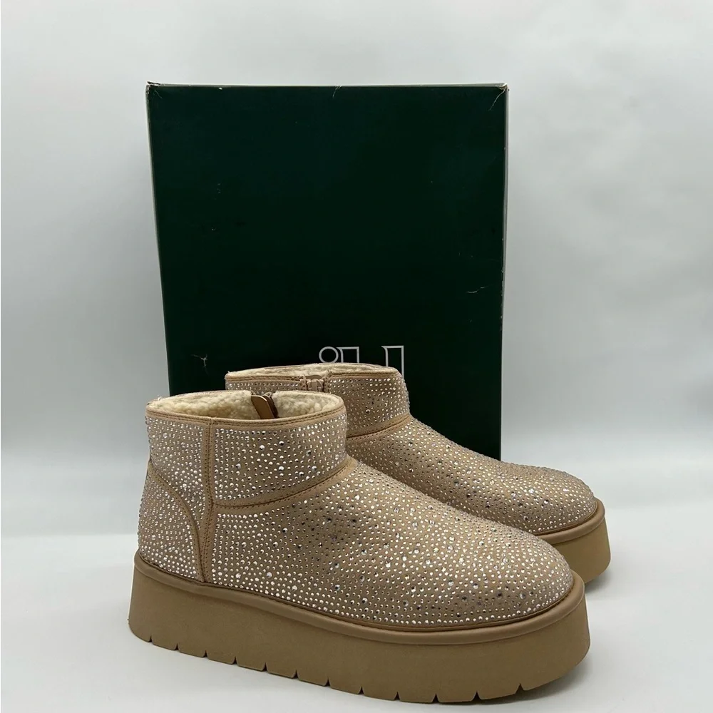 Wild Fable Missy Platform Ankle Boots Beige Rhinestone Vegan Suede Size 10 NIB